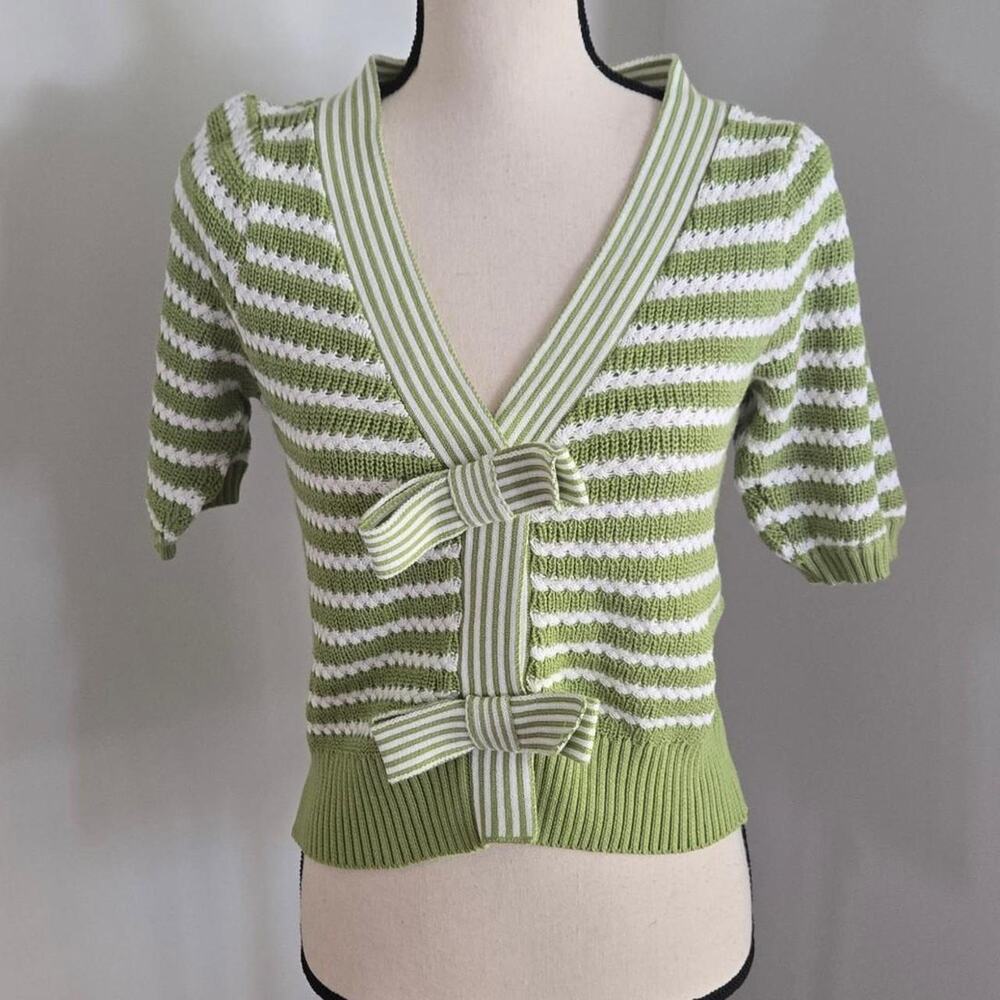 Green & white striped cotton knit cardigan with bow detail small